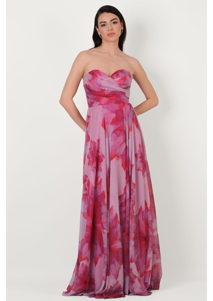 Espinosaı Kalp Yaka Straplez Uzun Abiye Elbise Fuşya modelleri