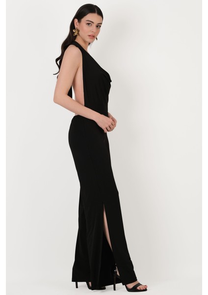 Falcon Degaje Yaka Boyundan Bağlamalı Abiye Tulum Siyah