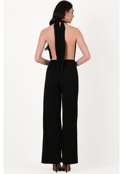 Falcon Degaje Yaka Boyundan Bağlamalı Abiye Tulum Siyah modelleri