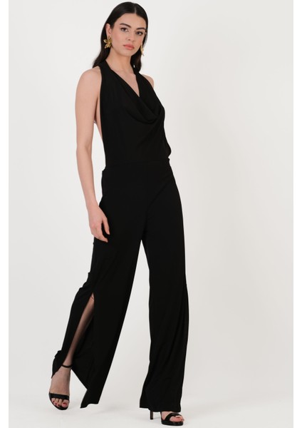 Falcon Degaje Yaka Boyundan Bağlamalı Abiye Tulum Siyah fırsatları