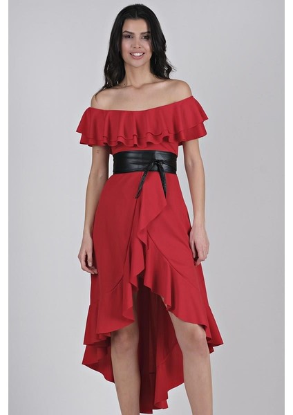 Harden Volanlı Uzun Abiye Elbise Kırmızı