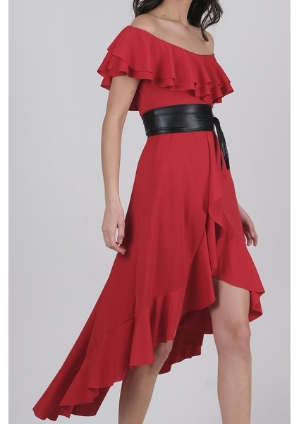 Harden Volanlı Uzun Abiye Elbise Kırmızı fiyatları