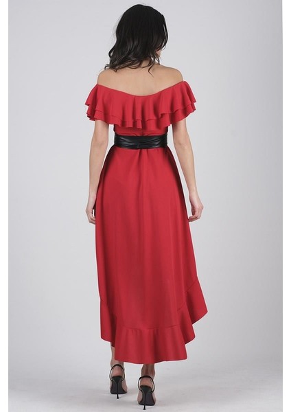 Harden Volanlı Uzun Abiye Elbise Kırmızı modelleri