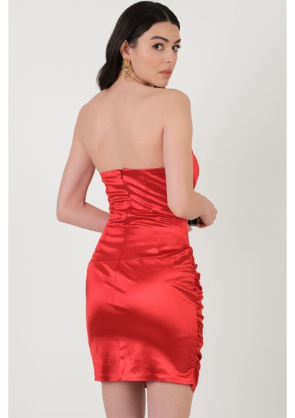 Defendo Kalp Yaka Straplez Yanları Büzgülü Kısa Abiye Elbise Kırmızı fırsatları