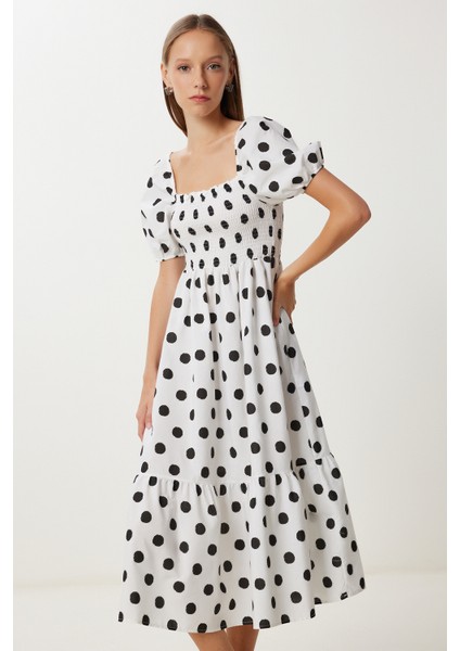 Balon Kollu Desenli Dokuma Elbise LFG0071 Beyaz Siyah