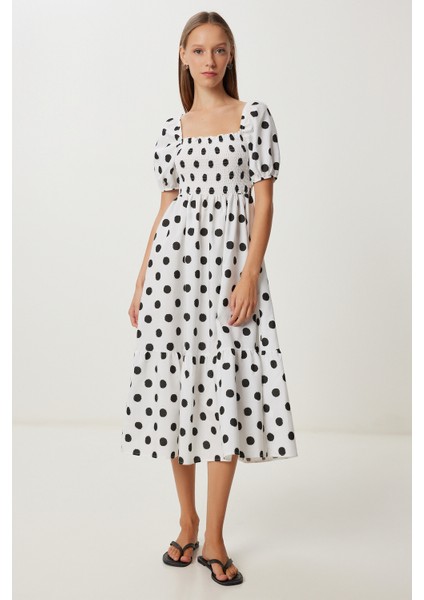 Balon Kollu Desenli Dokuma Elbise LFG0071 Beyaz Siyah fiyatları