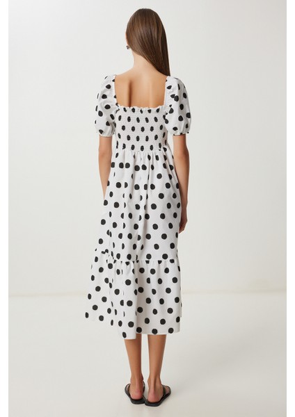 Balon Kollu Desenli Dokuma Elbise LFG0071 Beyaz Siyah fırsatları