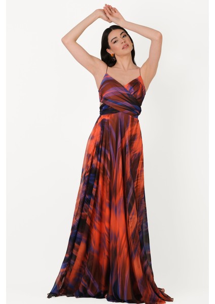 Raccosta V Yaka Yırtmaçlı Bel Yanlar Açık Uzun Abiye Elbise Oranj