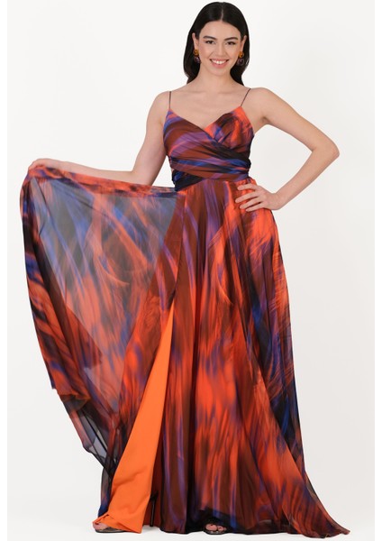 Raccosta V Yaka Yırtmaçlı Bel Yanlar Açık Uzun Abiye Elbise Oranj fiyatları