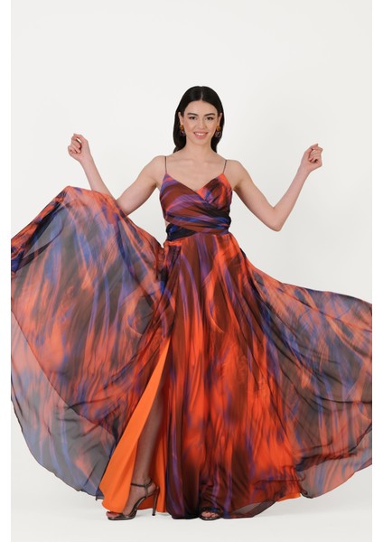 Raccosta V Yaka Yırtmaçlı Bel Yanlar Açık Uzun Abiye Elbise Oranj modelleri