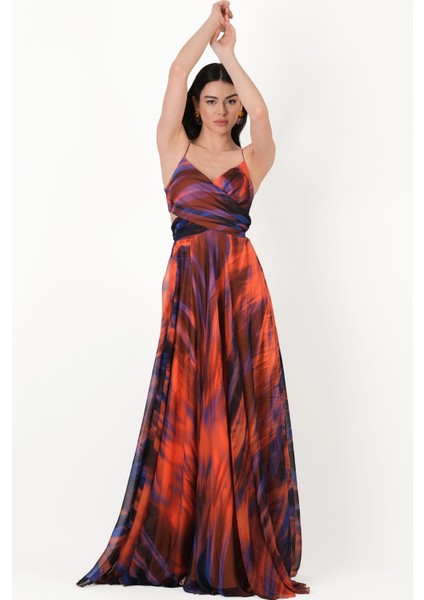 Raccosta V Yaka Yırtmaçlı Bel Yanlar Açık Uzun Abiye Elbise Oranj fırsatları