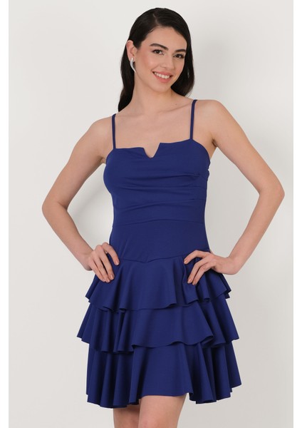 Concesso Askılı Kare Yaka Kat Kat Etek Kısa Abiye Elbise Saks