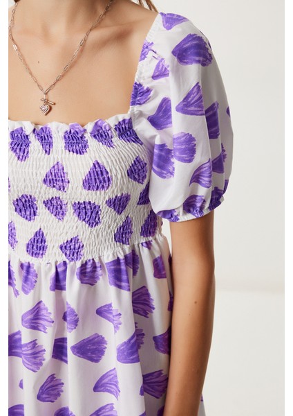 Balon Kollu Desenli Dokuma Elbise LFG0080 Mor Beyaz indirimleri