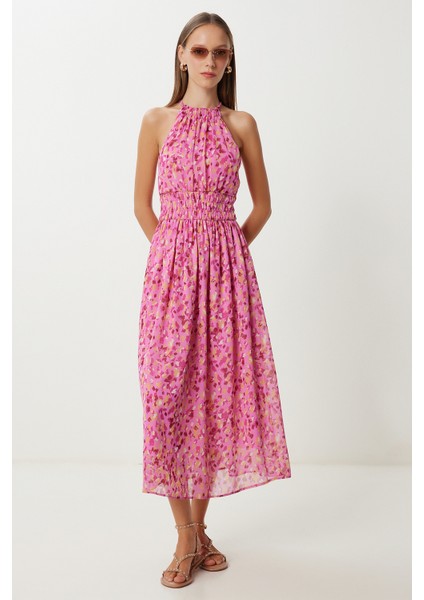 Desenli Midi Şifon Elbise LFG0083 Pembe Sarı