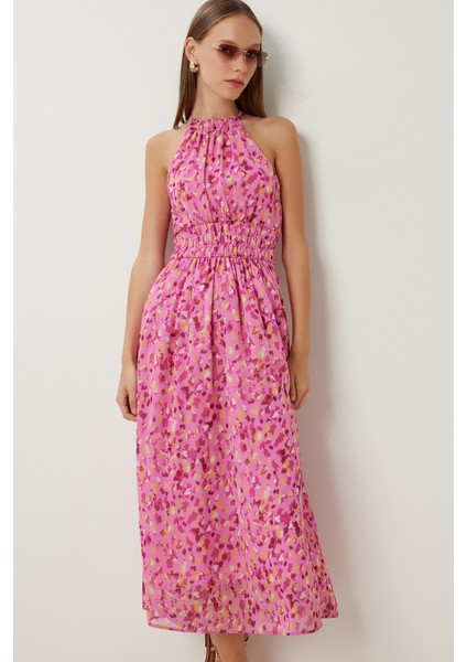 Desenli Midi Şifon Elbise LFG0083 Pembe Sarı modelleri