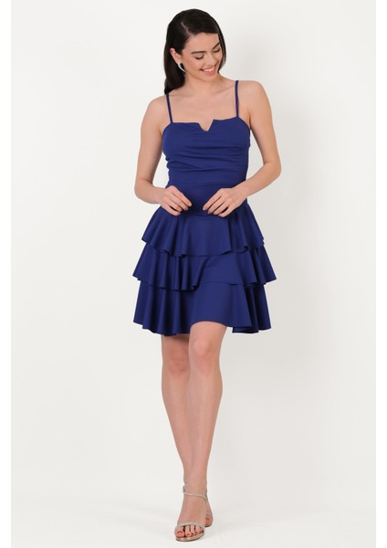 Concesso Askılı Kare Yaka Kat Kat Etek Kısa Abiye Elbise Saks modelleri