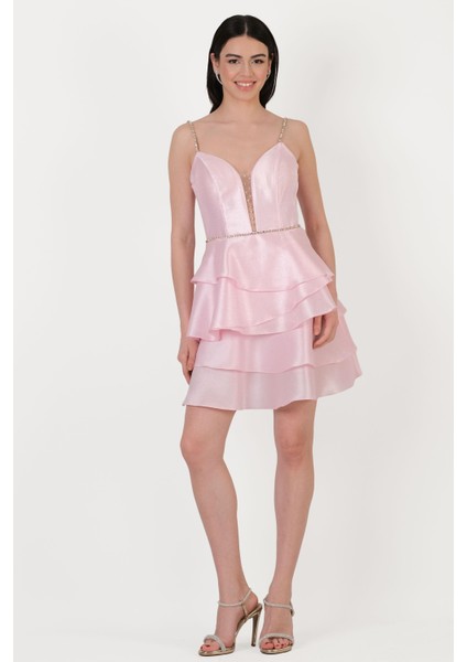 Isolda Taşlı Askılı V Yaka Katkat Bel Taş Detaylı Kısa Abiye Elbise Pudra