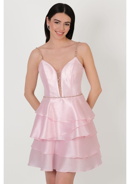 Isolda Taşlı Askılı V Yaka Katkat Bel Taş Detaylı Kısa Abiye Elbise Pudra fiyatları