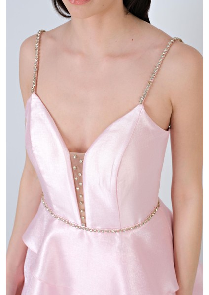 Isolda Taşlı Askılı V Yaka Katkat Bel Taş Detaylı Kısa Abiye Elbise Pudra modelleri