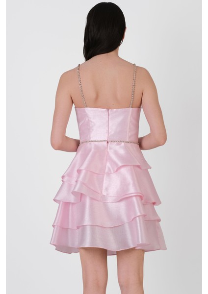 Isolda Taşlı Askılı V Yaka Katkat Bel Taş Detaylı Kısa Abiye Elbise Pudra fırsatları