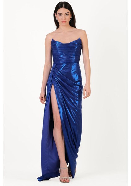 Odobella Kalp Yaka Straplez Anvelop Uzun Abiye Elbise Saks