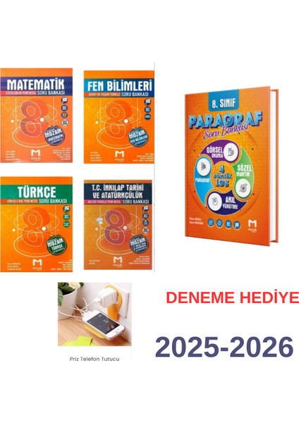8.sınıf Türkçe Matematik Fen Inkılap ve Paragraf Kurumsal Deneme ve Priz Telefon Tutucu Hediye