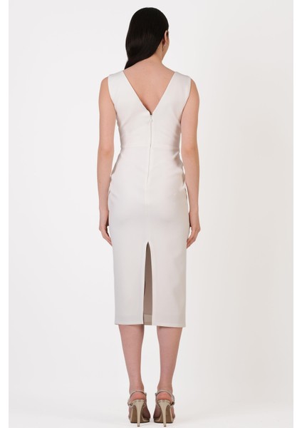 Daniele Kruvaze Yaka Bel Pileli Mendil Inci Işlemeli Midi Abiye Elbise Ekru fırsatları