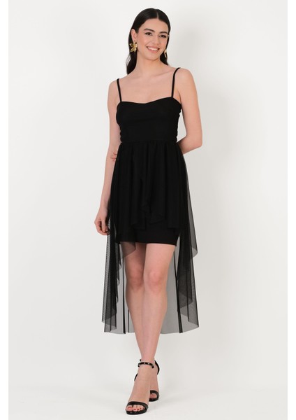 Darianna Kalp Yaka Askılı Önü Kısa Arkası Uzun Kısa Abiye Elbise Siyah
