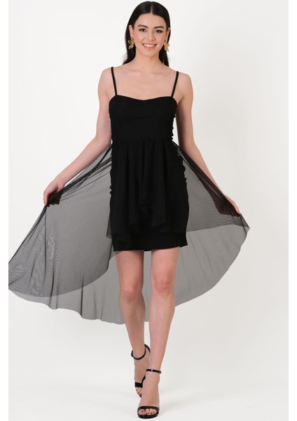 Darianna Kalp Yaka Askılı Önü Kısa Arkası Uzun Kısa Abiye Elbise Siyah fiyatları