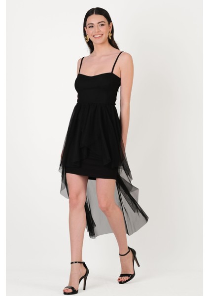 Darianna Kalp Yaka Askılı Önü Kısa Arkası Uzun Kısa Abiye Elbise Siyah modelleri