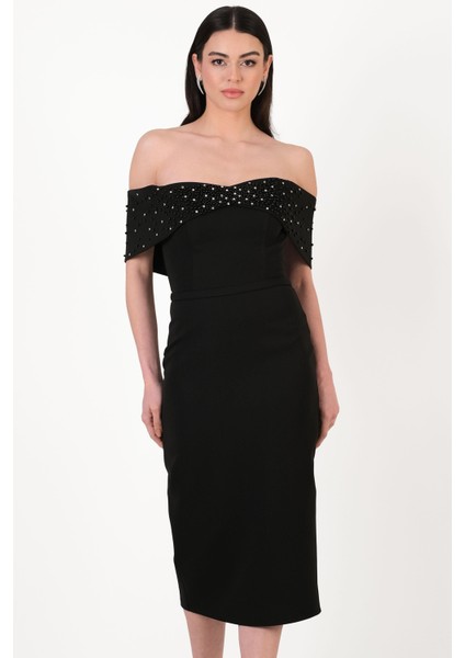 Orielle Düşük Kol Straplez Inci Işlemeli Midi Abiye Elbise Siyah