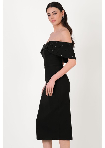 Orielle Düşük Kol Straplez Inci Işlemeli Midi Abiye Elbise Siyah fiyatları