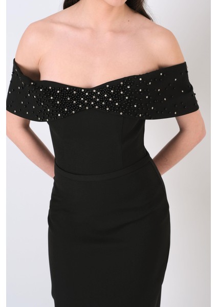 Orielle Düşük Kol Straplez Inci Işlemeli Midi Abiye Elbise Siyah modelleri