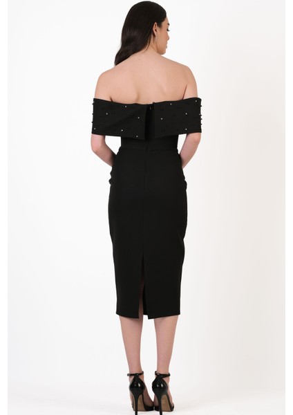Orielle Düşük Kol Straplez Inci Işlemeli Midi Abiye Elbise Siyah fırsatları