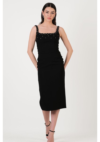 Ormilda Kare Yaka Inci Işlemeli Midi Abiye Elbise Siyah
