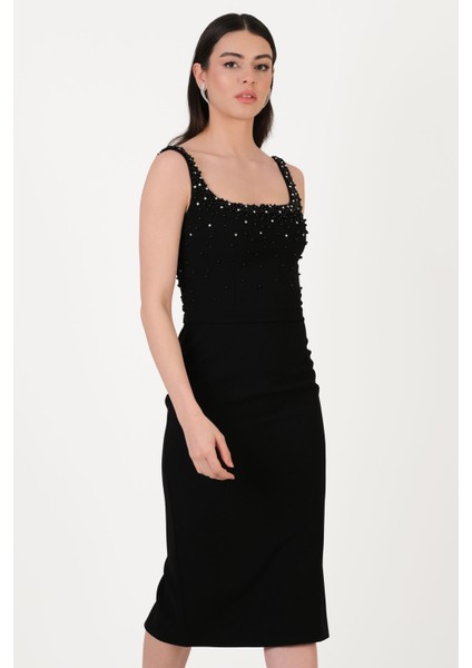 Ormilda Kare Yaka Inci Işlemeli Midi Abiye Elbise Siyah fiyatları