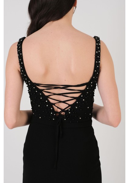 Ormilda Kare Yaka Inci Işlemeli Midi Abiye Elbise Siyah fırsatları