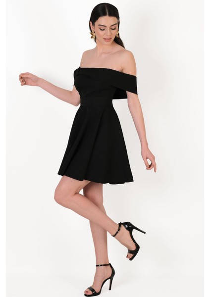 Evison Kayık Yaka Düşük Kol Kısa Abiye Elbise Siyah