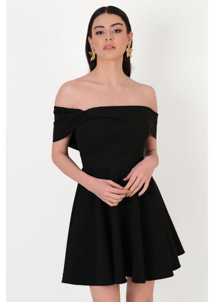 Evison Kayık Yaka Düşük Kol Kısa Abiye Elbise Siyah fiyatları