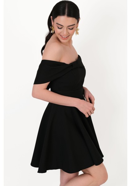 Evison Kayık Yaka Düşük Kol Kısa Abiye Elbise Siyah modelleri