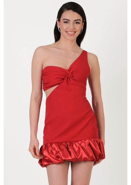 Orlana Tek Kol Kalp Yaka Beli Açık Balon Etek Kısa Abiye Elbise Kırmızı