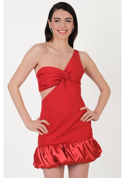 Orlana Tek Kol Kalp Yaka Beli Açık Balon Etek Kısa Abiye Elbise Kırmızı fiyatları