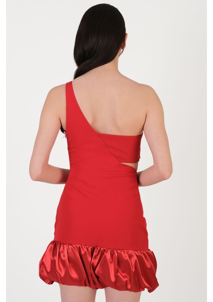 Orlana Tek Kol Kalp Yaka Beli Açık Balon Etek Kısa Abiye Elbise Kırmızı modelleri