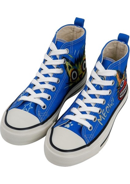 Kadın Vegan Mavi High Sneakers - Meow Attack Tasarım