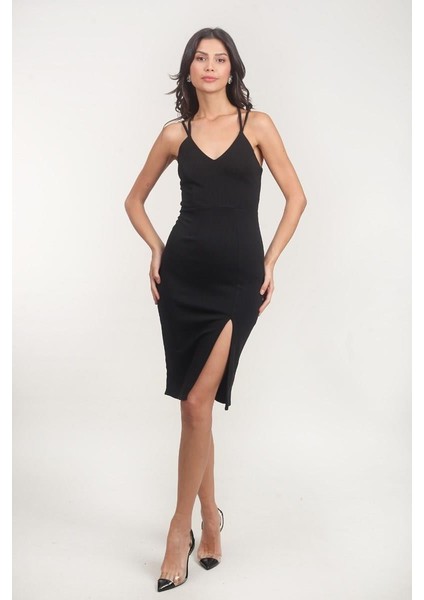 Berridge V Yaka Sırtı Çapraz Kısa Abiye Elbise Siyah