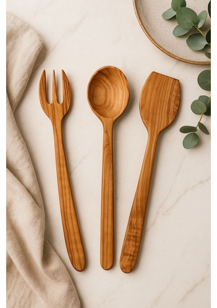 El Yapımı Zeytin Ağacı Ahşap Servis Çatalı-Kaşık-Spatula Doğal, Sağlıklı ve Dayanıklı