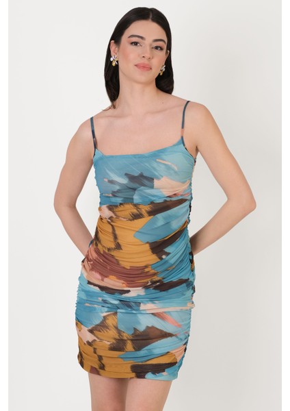 Richardosn Ince Askılı Yanları Büzgülü Kısa Abiye Elbise Turkuaz modelleri