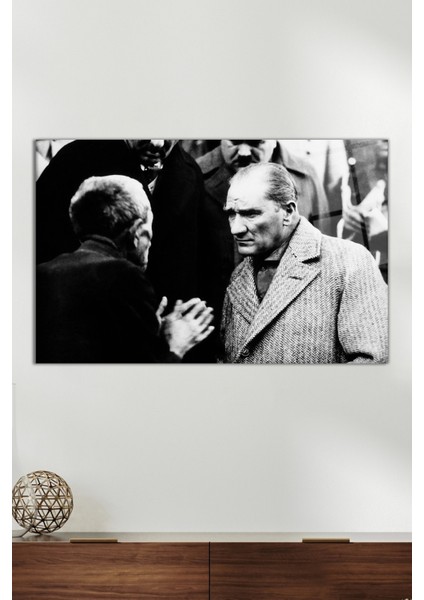 Siyah Beyaz Atatürk Cam Tablo, Modern Ev ve Ofis Dekoru, Hediyelik Duvar Dekorasyonu, Kırılmaz Cam