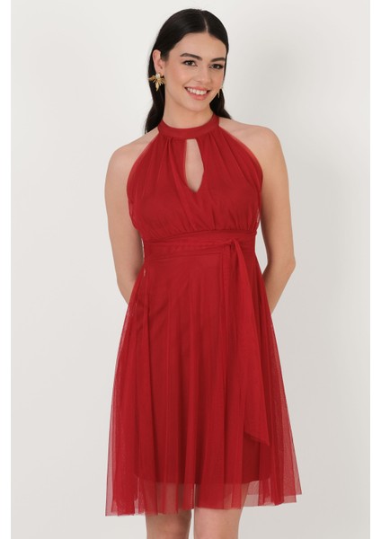 Narcisio Damla Yaka Kloş Kısa Abiye Elbise Kırmızı