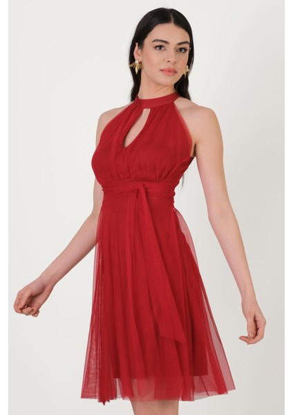 Narcisio Damla Yaka Kloş Kısa Abiye Elbise Kırmızı fiyatları